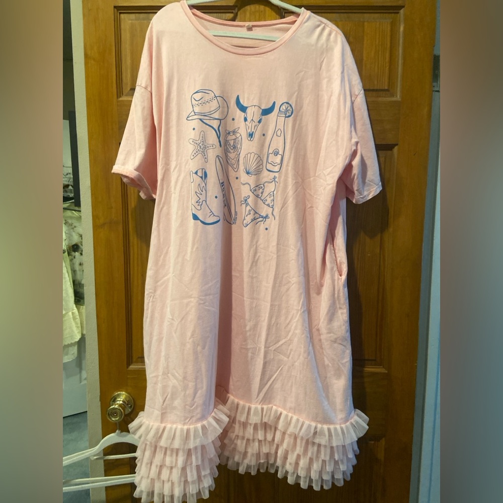 NWOT! Pink western Graphic T-Shirt Dress with Ruffle Hem
